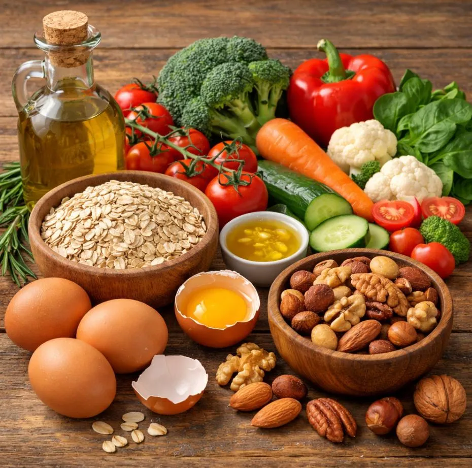 Legume, nuci, ouă, ulei de măsline și ovăz aranjate pe o masă de lemn — ingrediente pentru un profil lipidic echilibrat