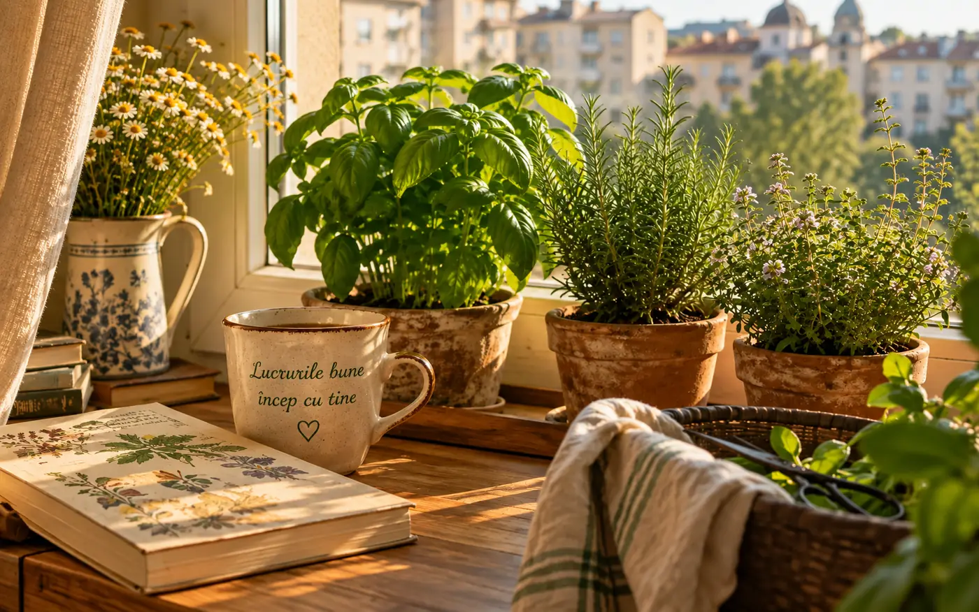 Plante aromatice crescute la fereastra unui apartament din oraș, cu blocuri în fundal, și o cană cu mesajul Lucrurile bune încep cu tine