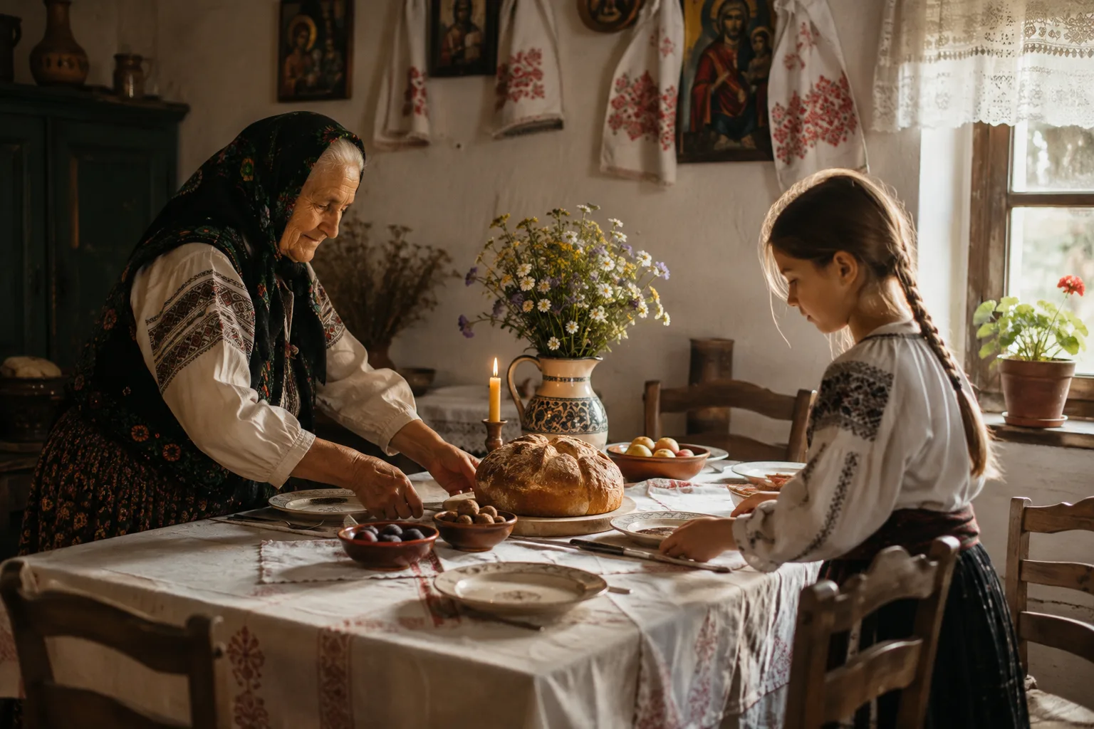 Bunică pregătind masa tradițională cu pâine, fructe și fața de masă cusută, lângă nepoata ei, într-o casă românească de altădată