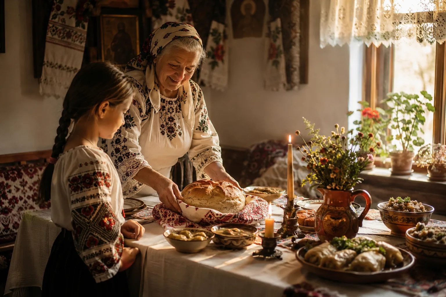 Bunică în costum popular românesc așezând pâinea pe masă, alături de nepoata ei, lângă icoane și lumânări aprinse