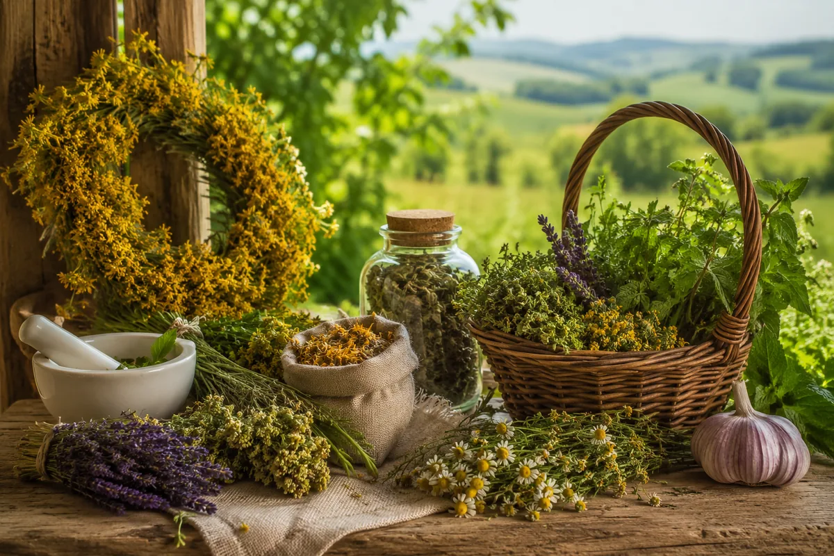 Plante medicinale și tradiții de vară românești — coș cu lavandă, mușețel, cunună de sânziene