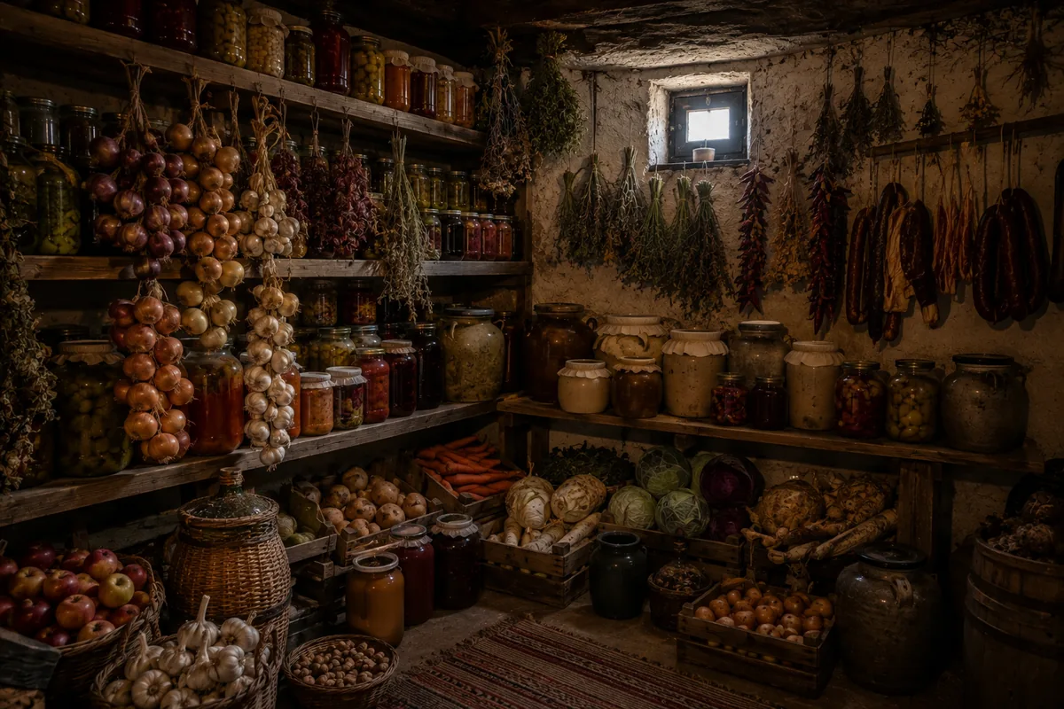 Cămară tradițională țărănească plină cu borcane, ceapă, usturoi, legume și afumături pregătite pentru iarnă