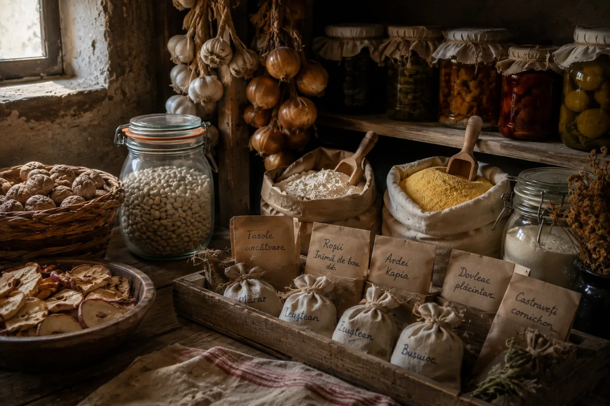 Semințe de legume și plante aromatice păstrate în săculeți etichetați de mână — fasole, roșii, ardei kapia, mărar, busuioc