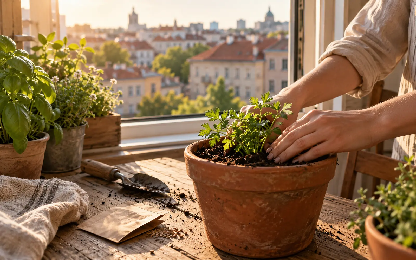 Mâini plantând o rădăcină de pătrunjel într-un ghiveci de lut, pe pervazul unui apartament din oraș, cu orașul vizibil prin fereastră